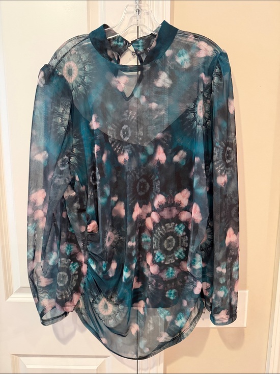 INC International Concepts Tops - INC International Concepts Teal & Pink Sheer Tie-Neck Blouse